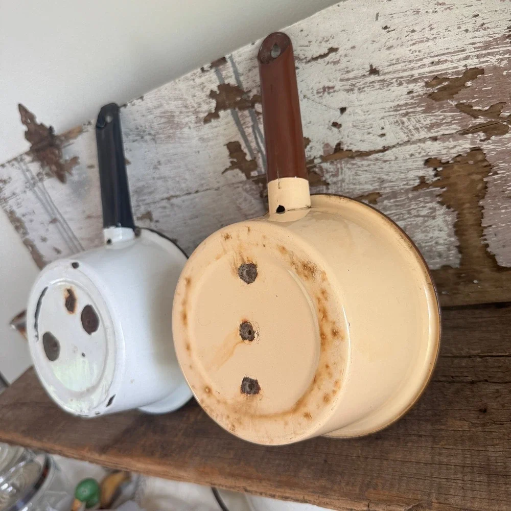 Vintage Enamelware Pot Set Rustic Distressed Farmhouse‎ Decor Cream White 2pc